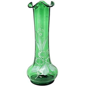 Bohemian Hand Enameled Ruffle Top Vase VTG Hand Blown Paintet Emerald Snow Glass